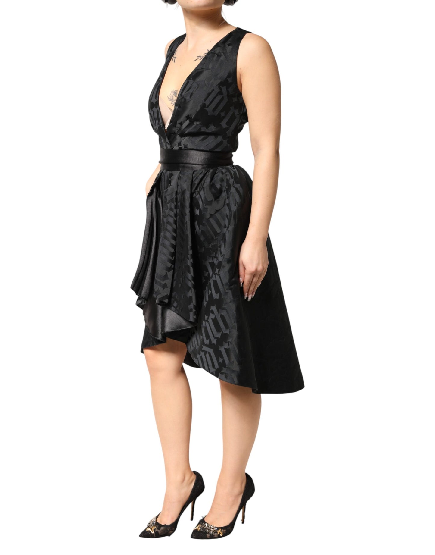 John Richmond Black Jacquard Deep V-neck Sleeveless 2 Pc Dress John Richmond