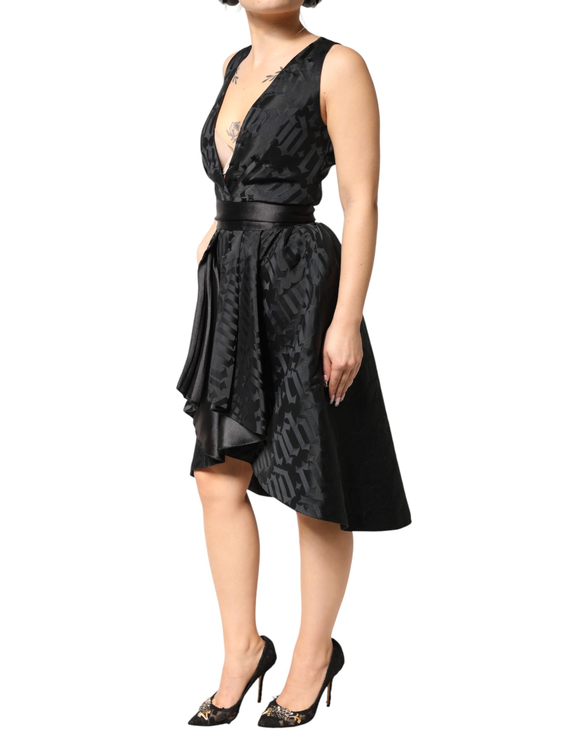 John Richmond Black Jacquard Deep V-neck Sleeveless 2 Pc Dress John Richmond
