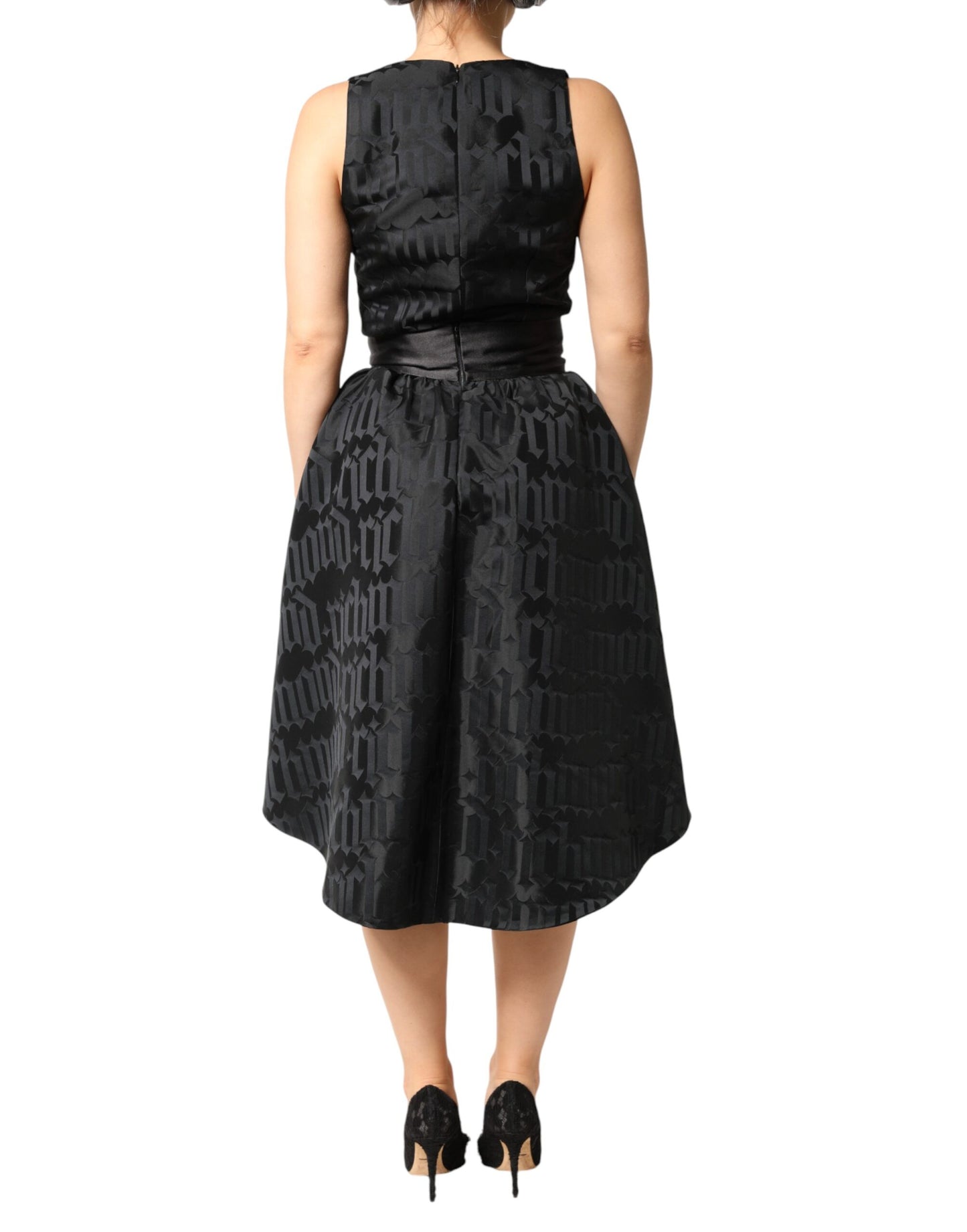 John Richmond Black Jacquard Deep V-neck Sleeveless 2 Pc Dress John Richmond