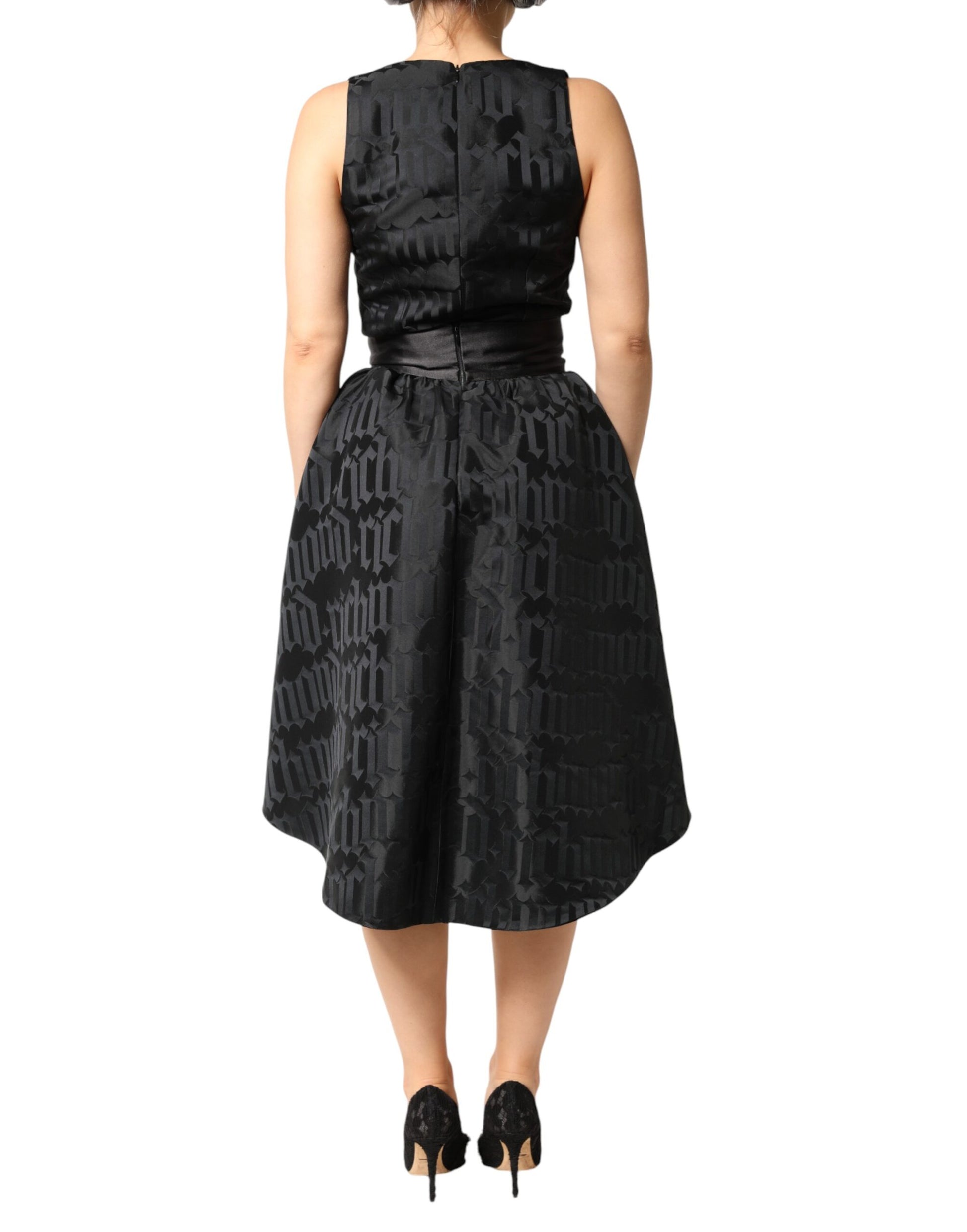 John Richmond Black Jacquard Deep V-neck Sleeveless 2 Pc Dress John Richmond