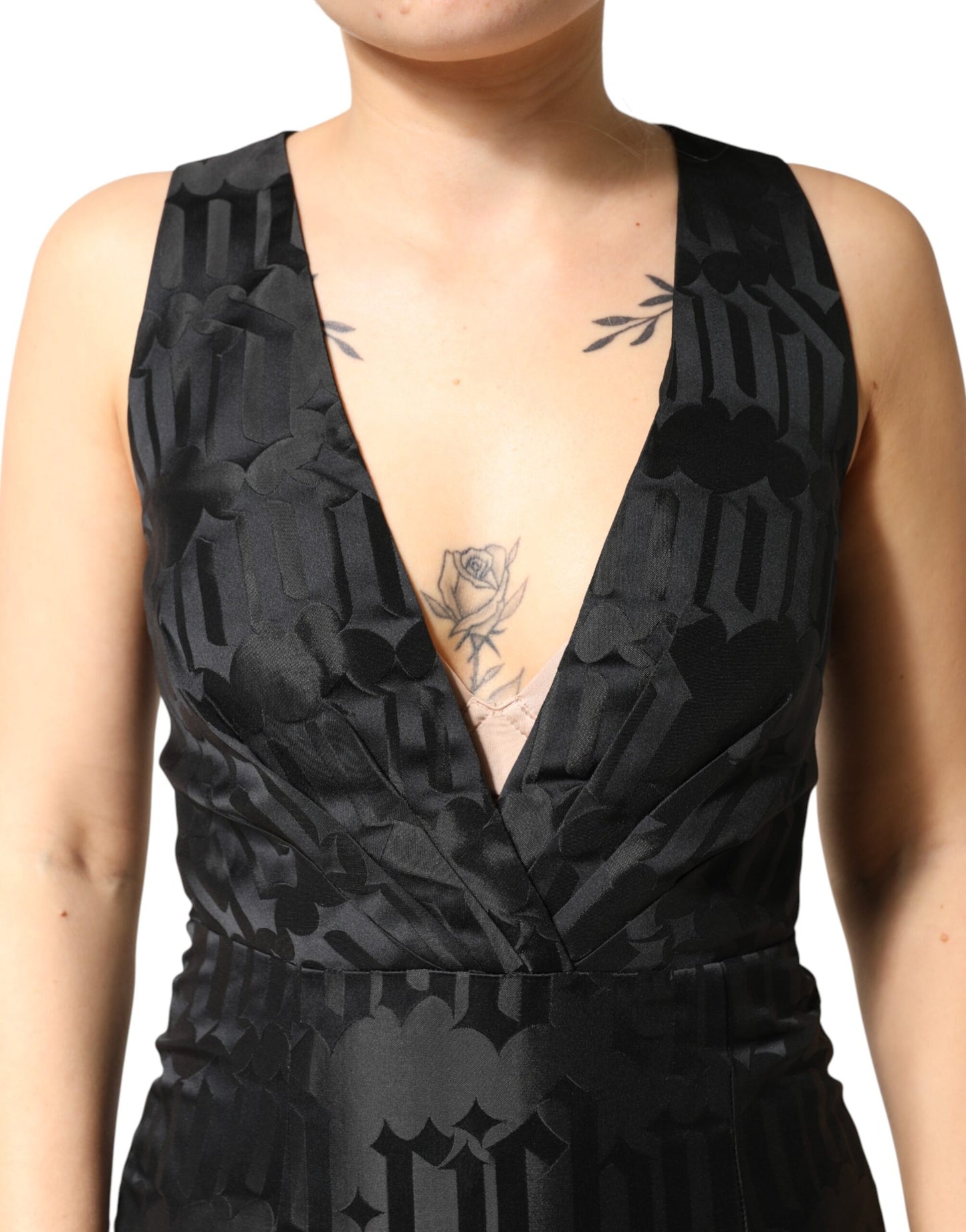 John Richmond Black Jacquard Deep V-neck Sleeveless 2 Pc Dress John Richmond