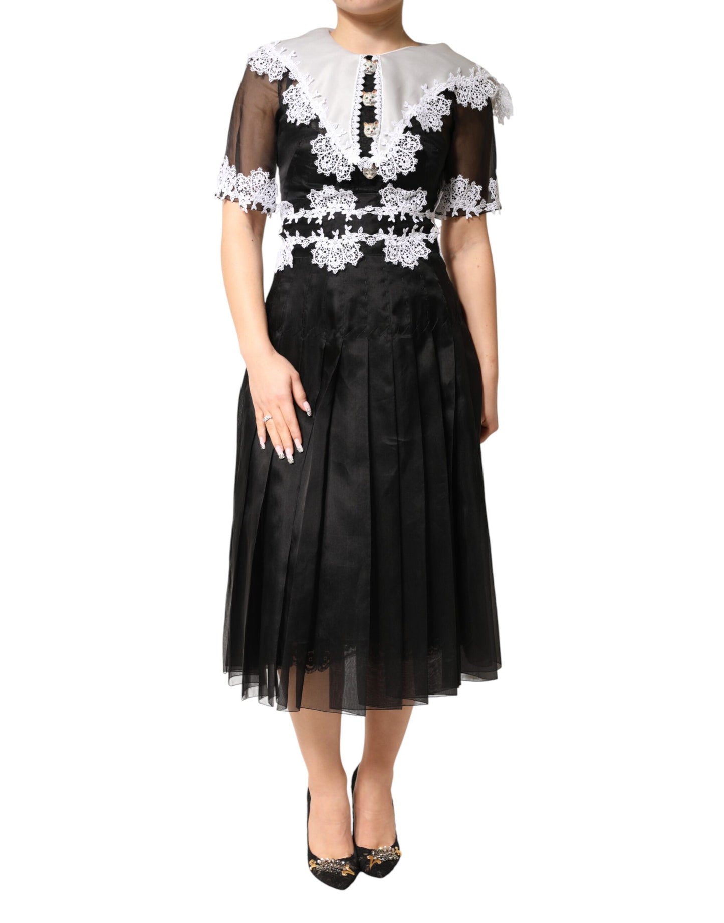Dolce & Gabbana Black White Silk Macrame Lace Midi Dress Dolce & Gabbana