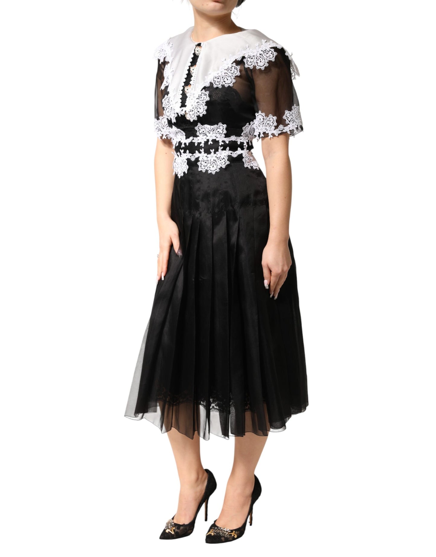 Dolce & Gabbana Black White Silk Macrame Lace Midi Dress Dolce & Gabbana