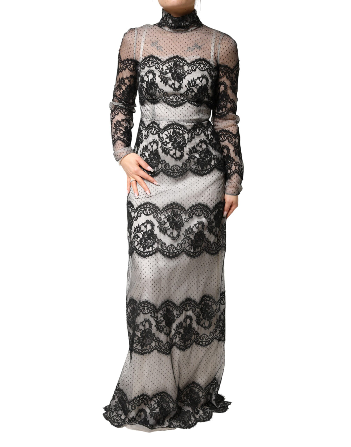 Dolce & Gabbana Black White Lace Silk Blend MaxiSheath Dress - Eljoys Fashion 
