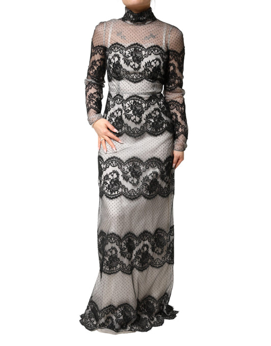 Dolce & Gabbana Black White Lace Silk Blend MaxiSheath Dress Dolce & Gabbana
