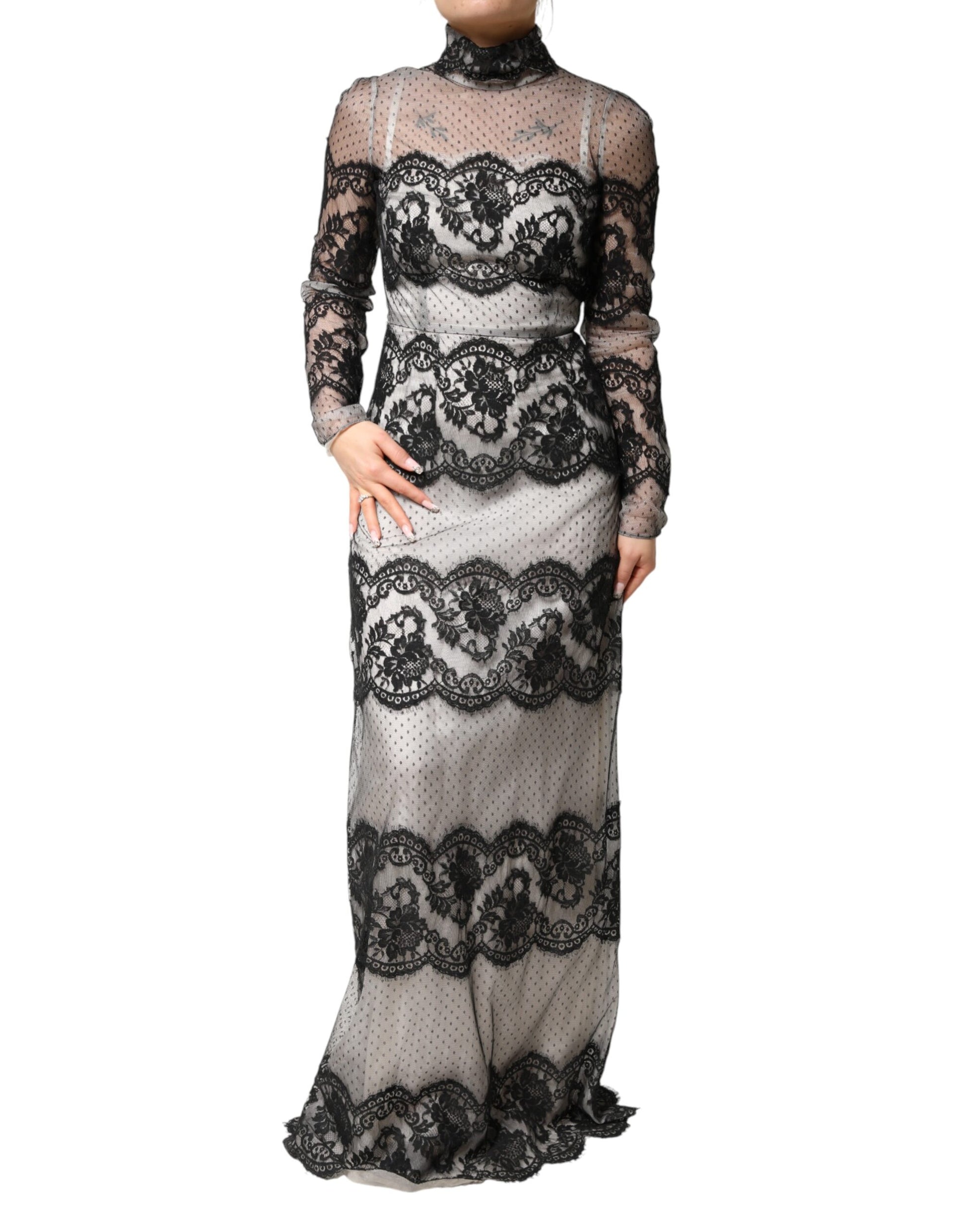 Dolce & Gabbana Black White Lace Silk Blend MaxiSheath Dress Dolce & Gabbana