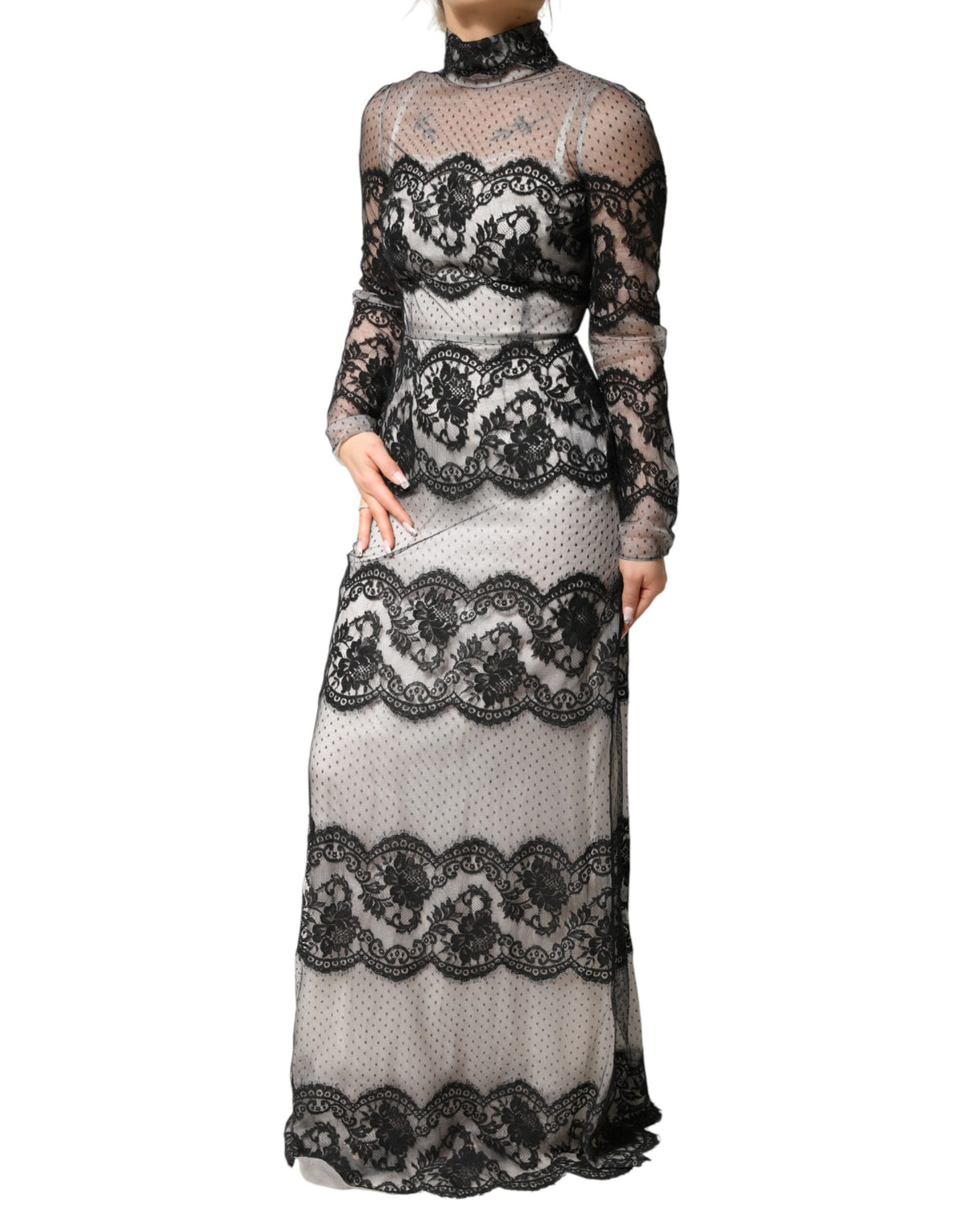 Dolce & Gabbana Black White Lace Silk Blend MaxiSheath Dress - Eljoys Fashion 