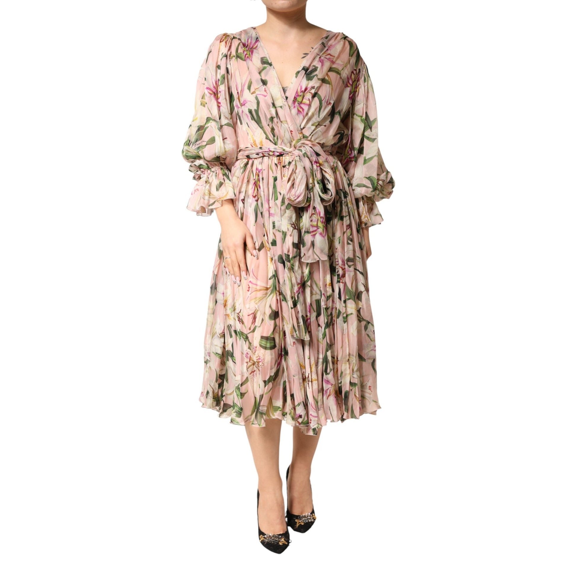 Dolce & Gabbana Pink Lily Print A-line Pleated Maxi Dress Dolce & Gabbana