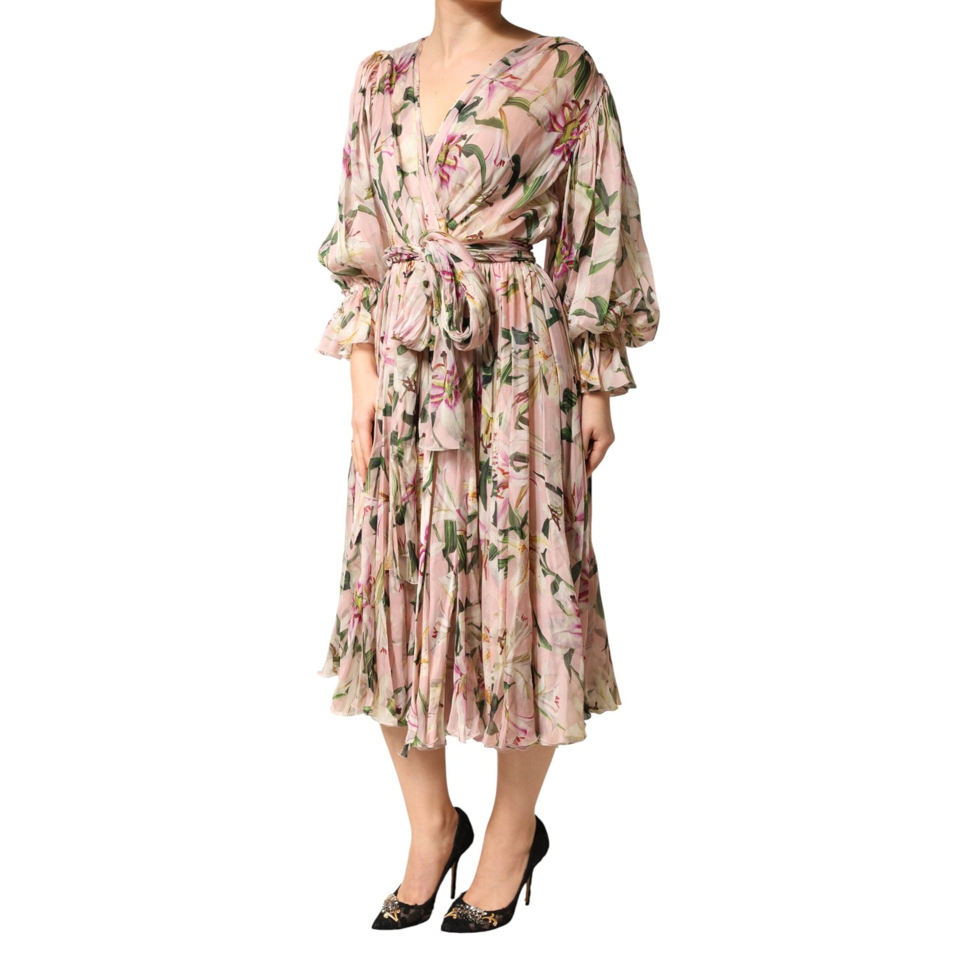 Dolce & Gabbana Pink Lily Print A-line Pleated Maxi Dress Dolce & Gabbana