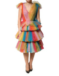 Multicolor nylon tiered tulle midi dress by Dolce & Gabbana with flowing fabric and layered design.