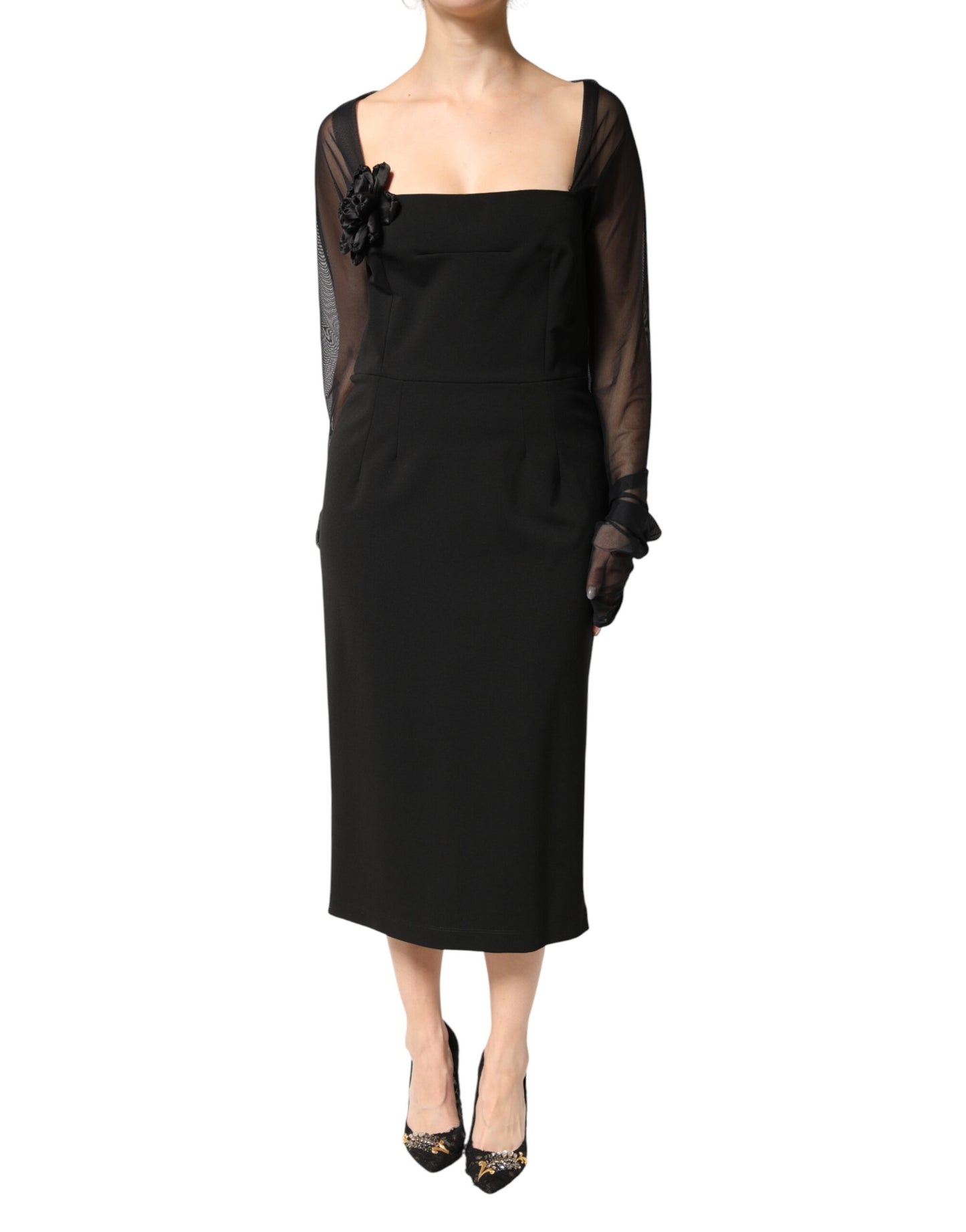 Dolce & Gabbana Black Sheer Yoke Rosette Sheath Midi Dress Dolce & Gabbana