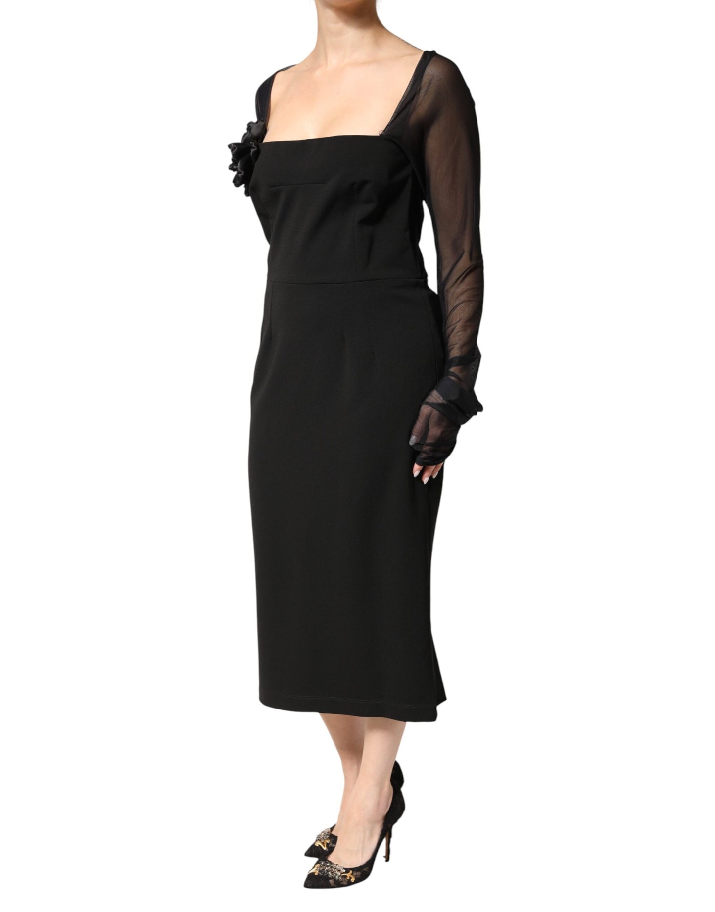 Dolce & Gabbana Black Sheer Yoke Rosette Sheath Midi Dress Dolce & Gabbana