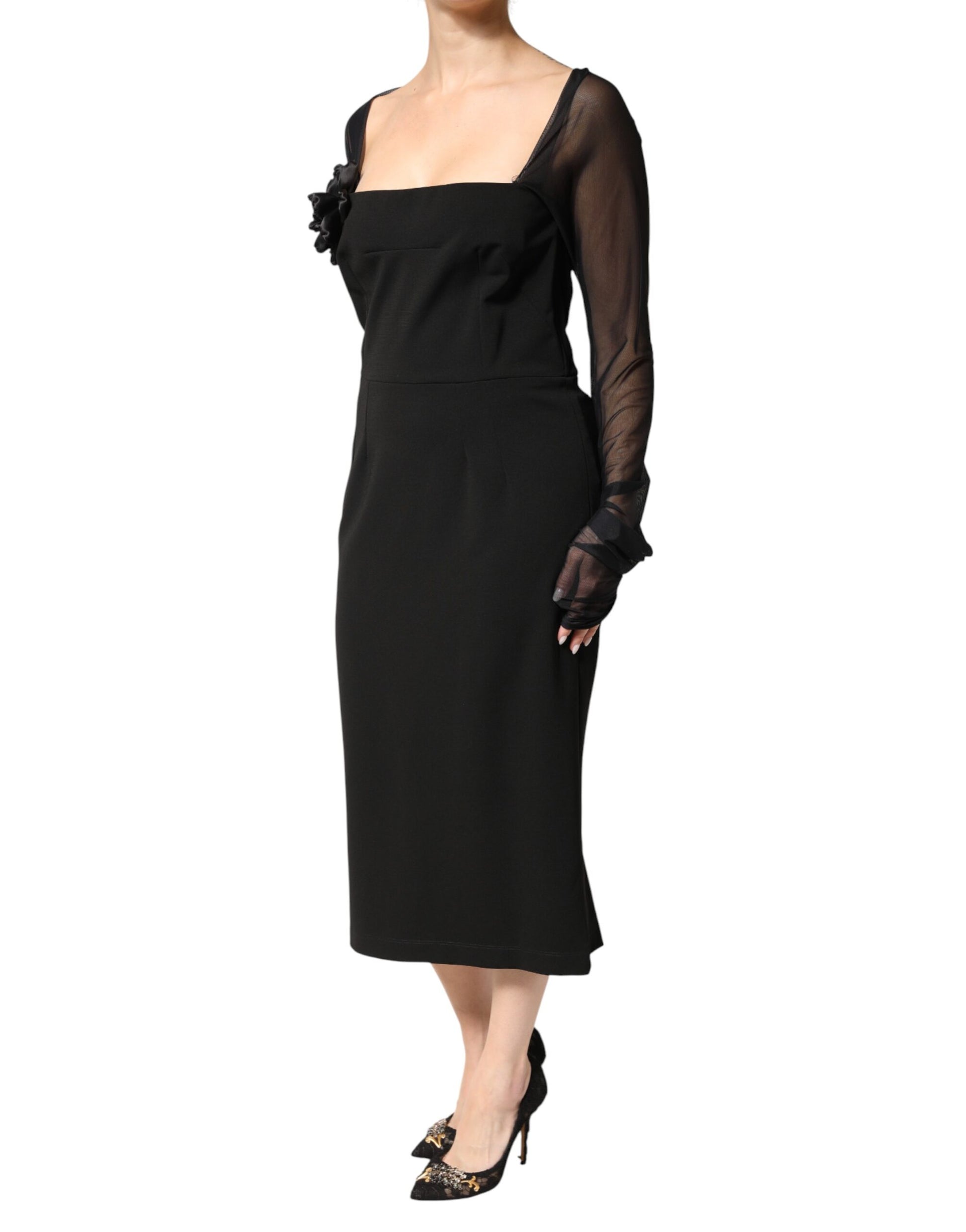 Dolce & Gabbana Black Sheer Yoke Rosette Sheath Midi Dress Dolce & Gabbana