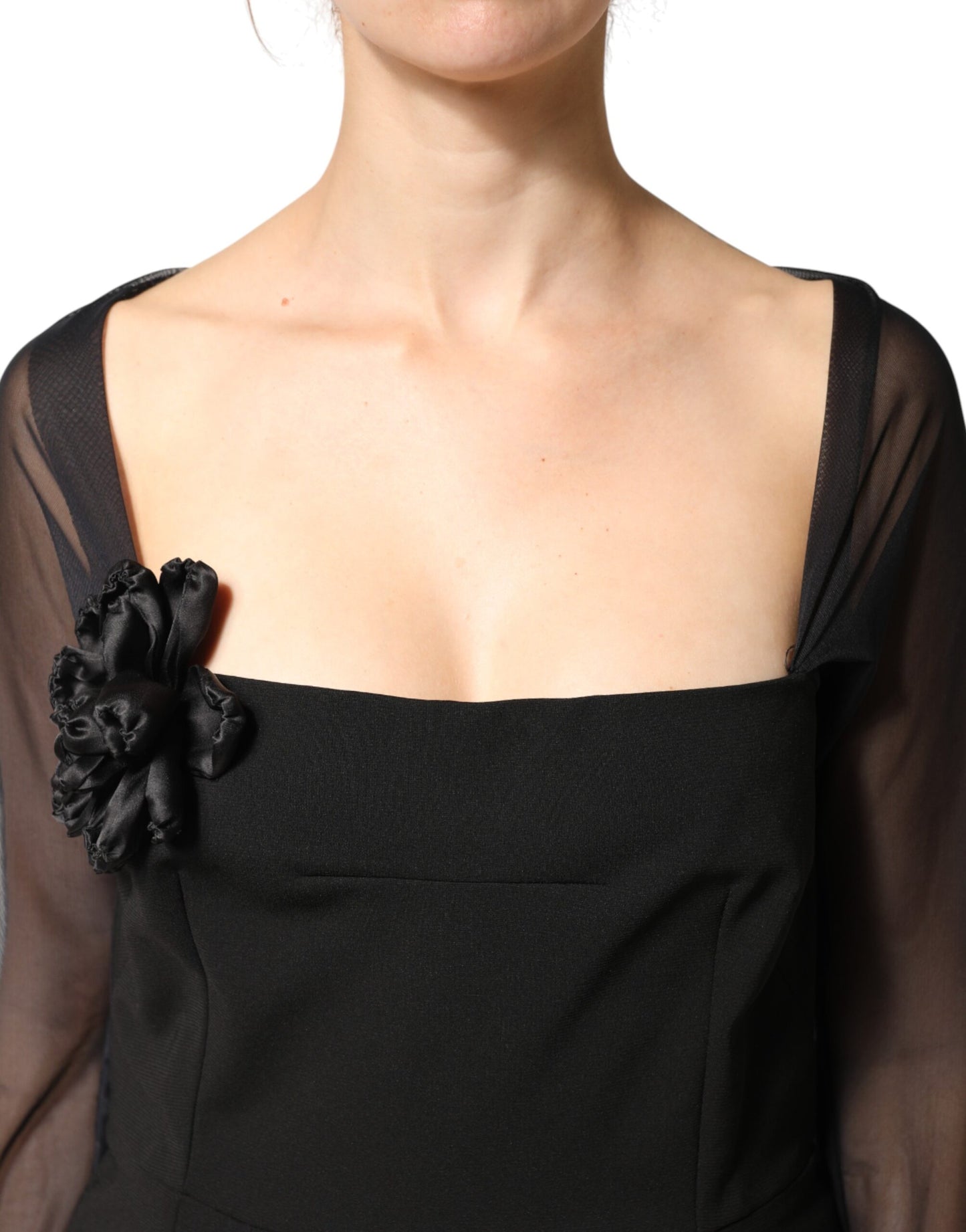 Dolce & Gabbana Black Sheer Yoke Rosette Sheath Midi Dress Dolce & Gabbana