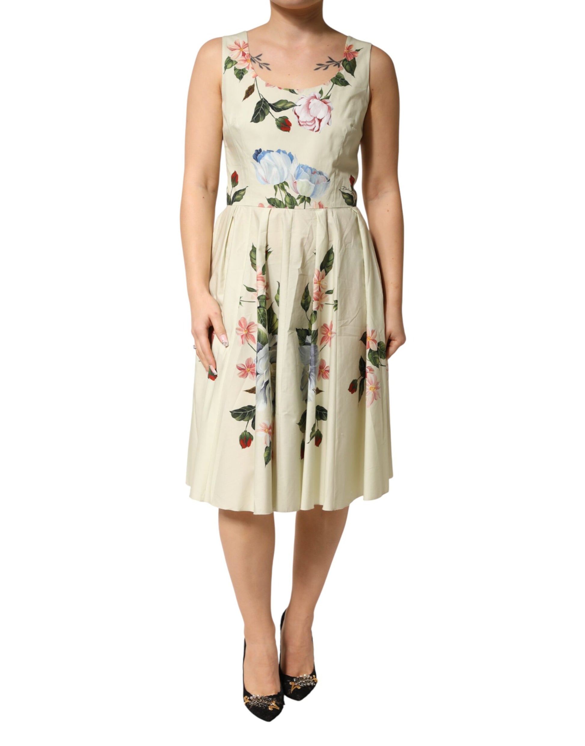 Dolce & Gabbana Beige Floral Sleeveless A-line Dress Dolce & Gabbana
