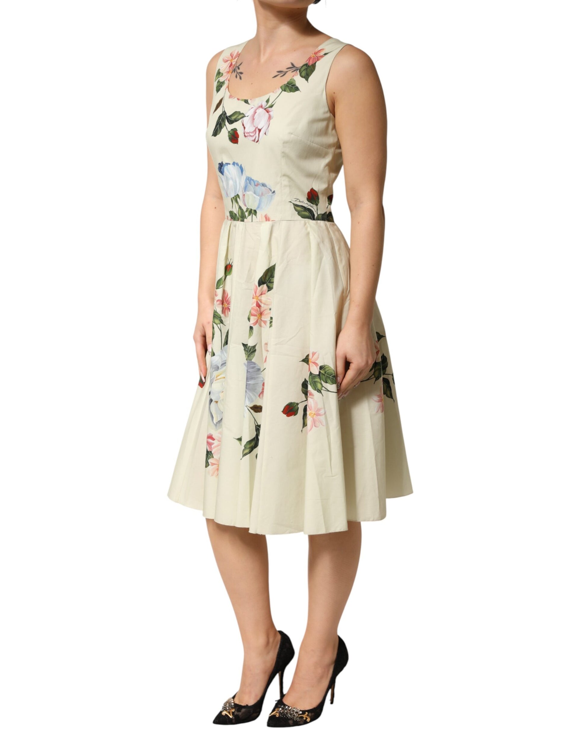 Dolce & Gabbana Beige Floral Sleeveless A-line Dress Dolce & Gabbana