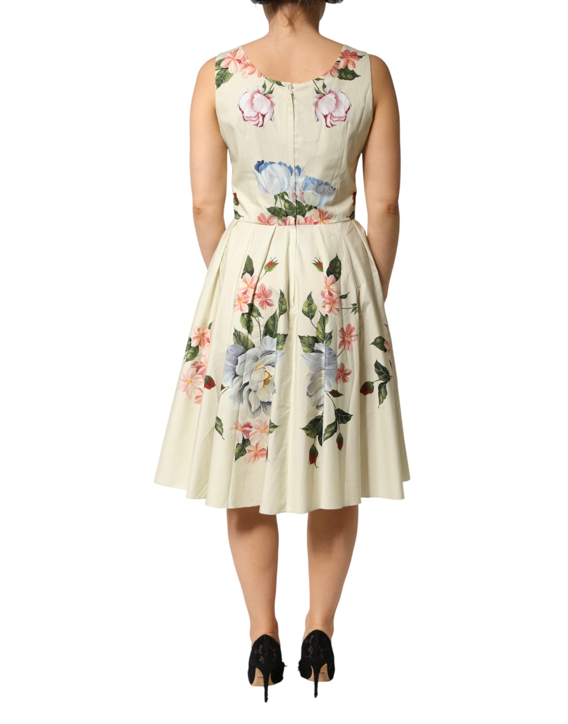 Dolce & Gabbana Beige Floral Sleeveless A-line Dress Dolce & Gabbana