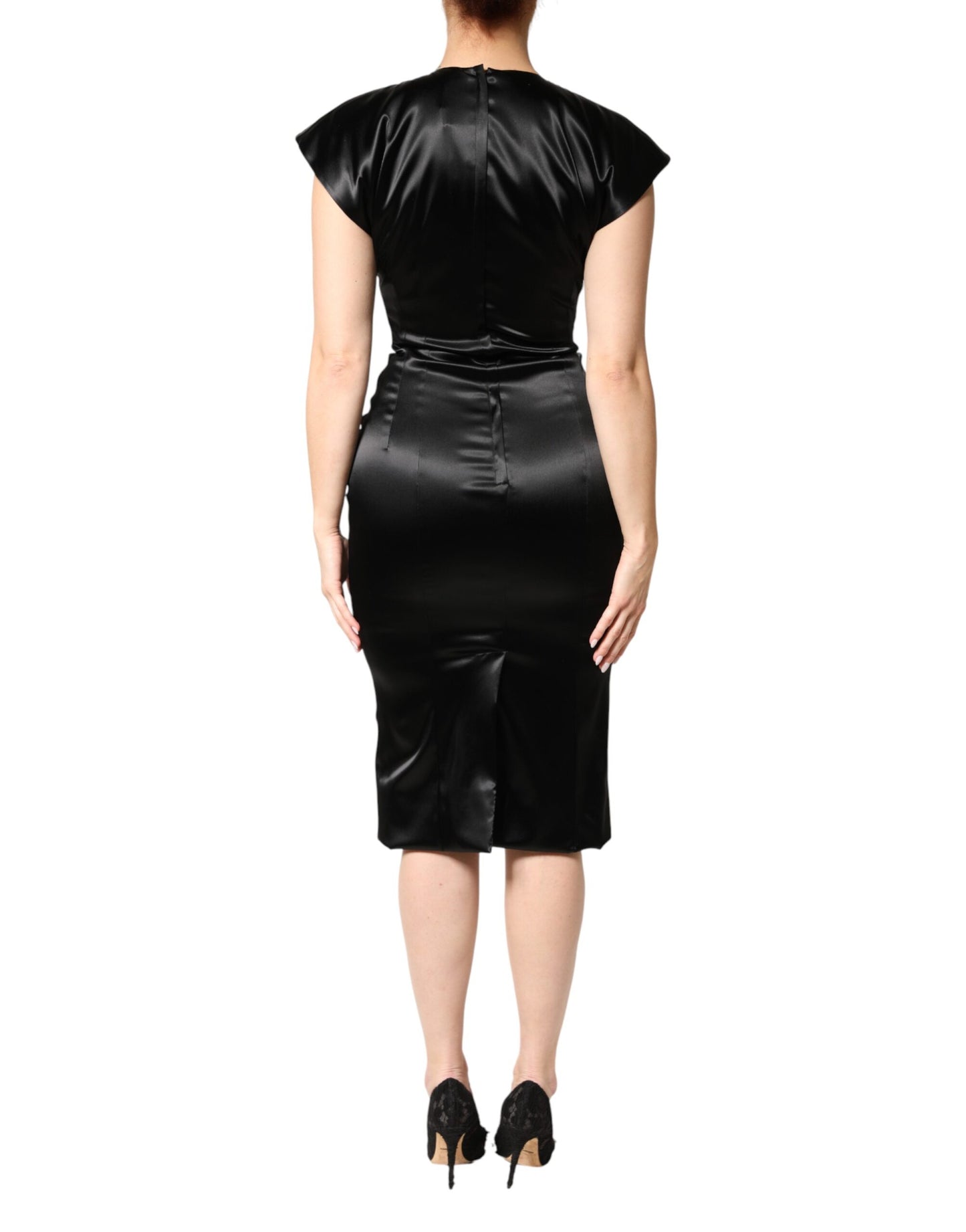 Dolce & Gabbana Black Satin Sheath Midi Cap Sleeves Dress Dolce & Gabbana