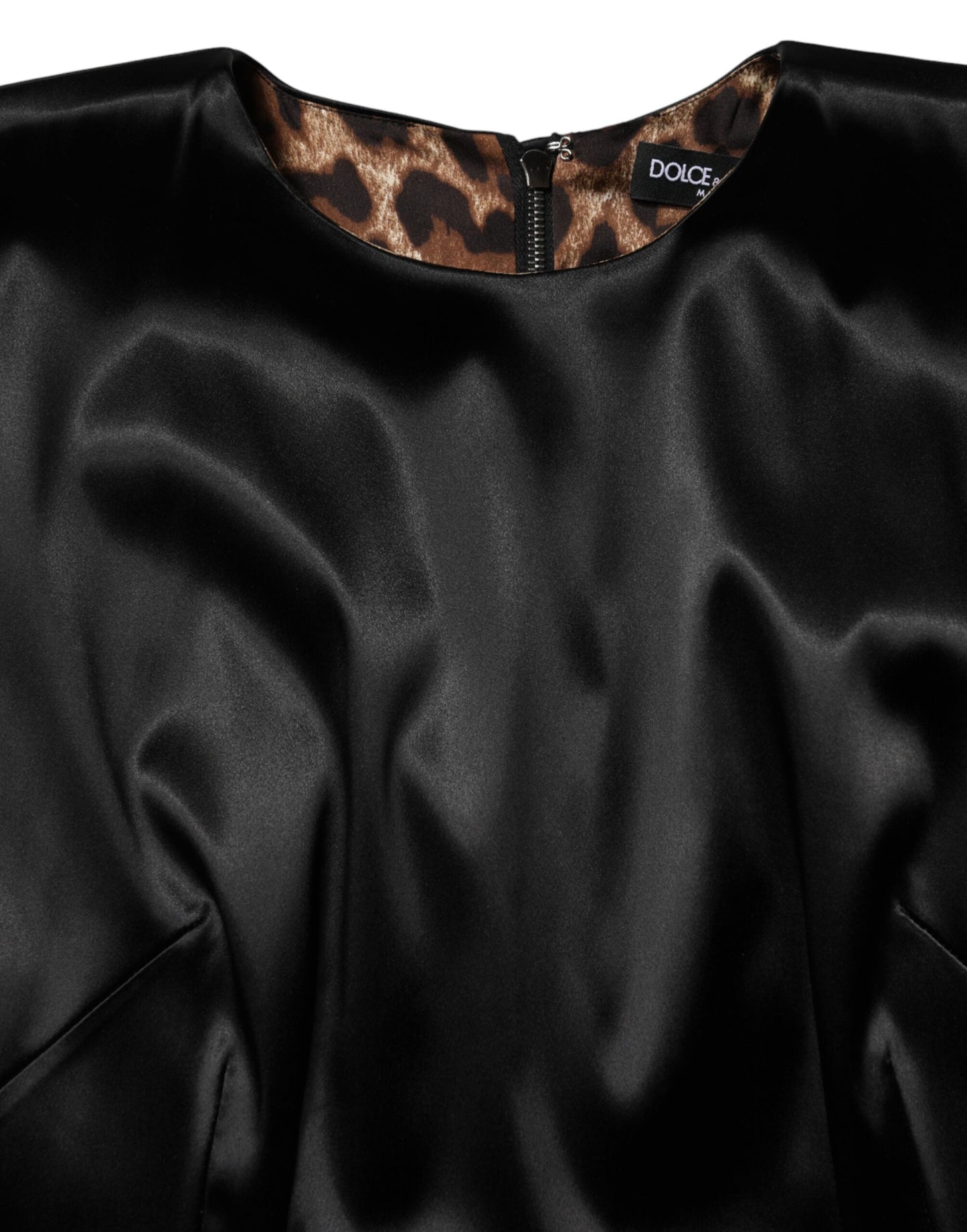 Dolce & Gabbana Black Satin Sheath Midi Cap Sleeves Dress Dolce & Gabbana