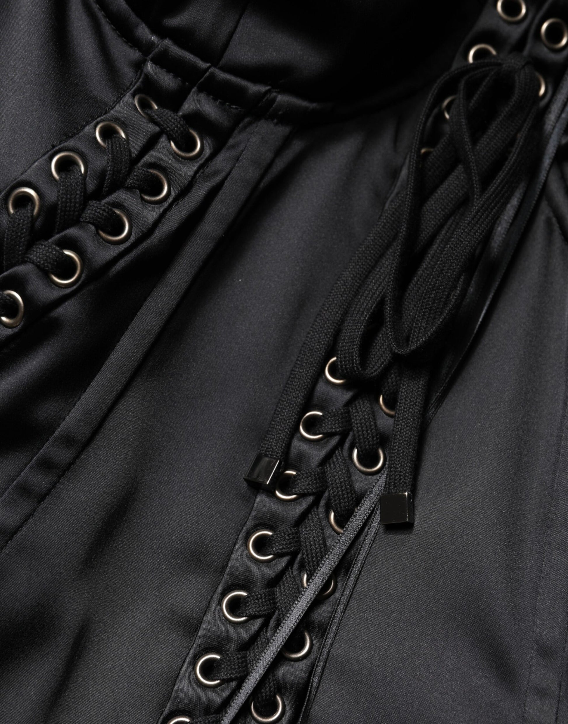 Dolce & Gabbana Black Satin Acetate Lace Eyelets Mini Dress Dolce & Gabbana