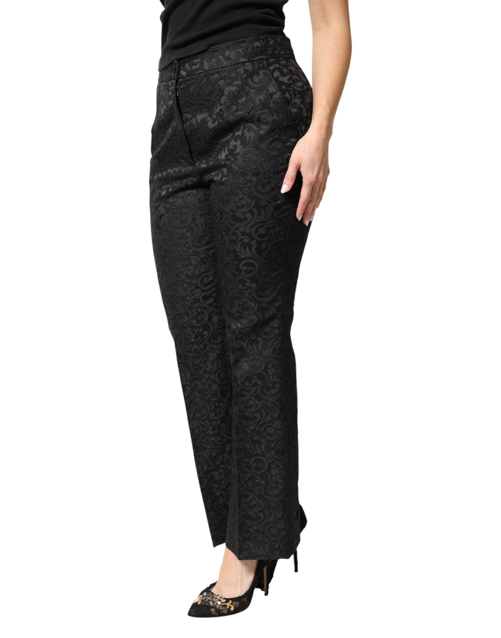 Dolce & Gabbana Black Floral Brocade High Waisted Trouser Pants - Eljoys Fashion 