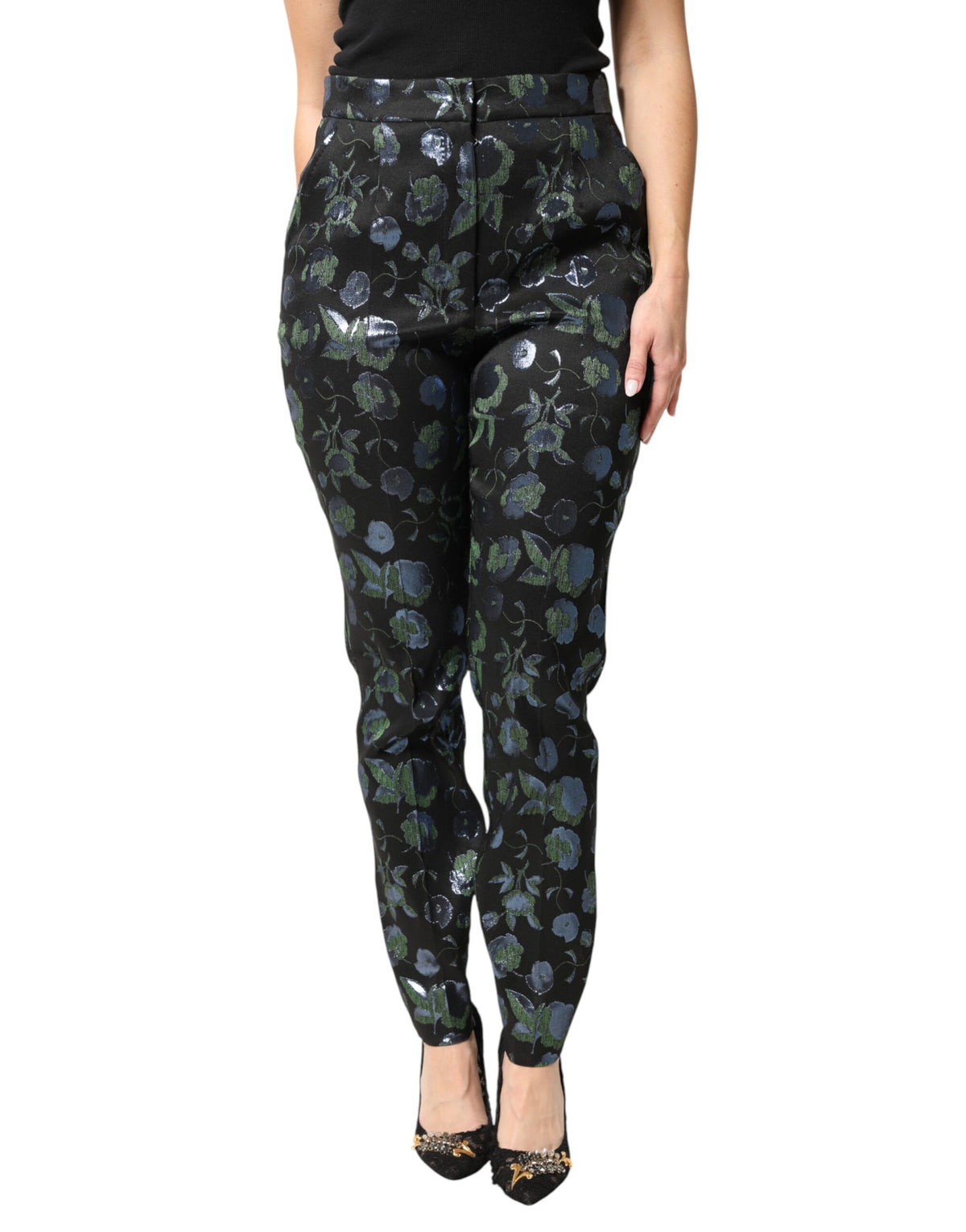 Dolce & Gabbana BlueGreen Floral Metallic Slim Trouser Pants - Eljoys Fashion 