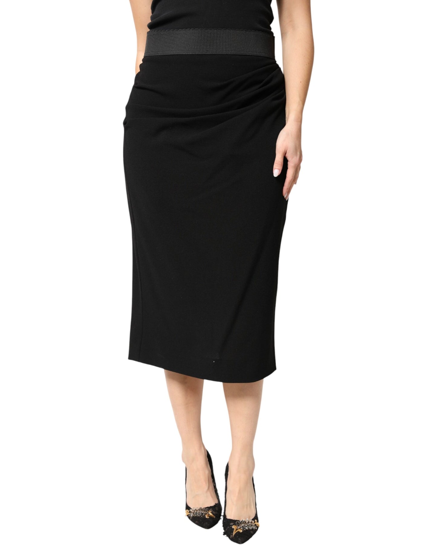 Dolce & Gabbana Black Wool High Waist Pencil Cut Midi Skirt Dolce & Gabbana