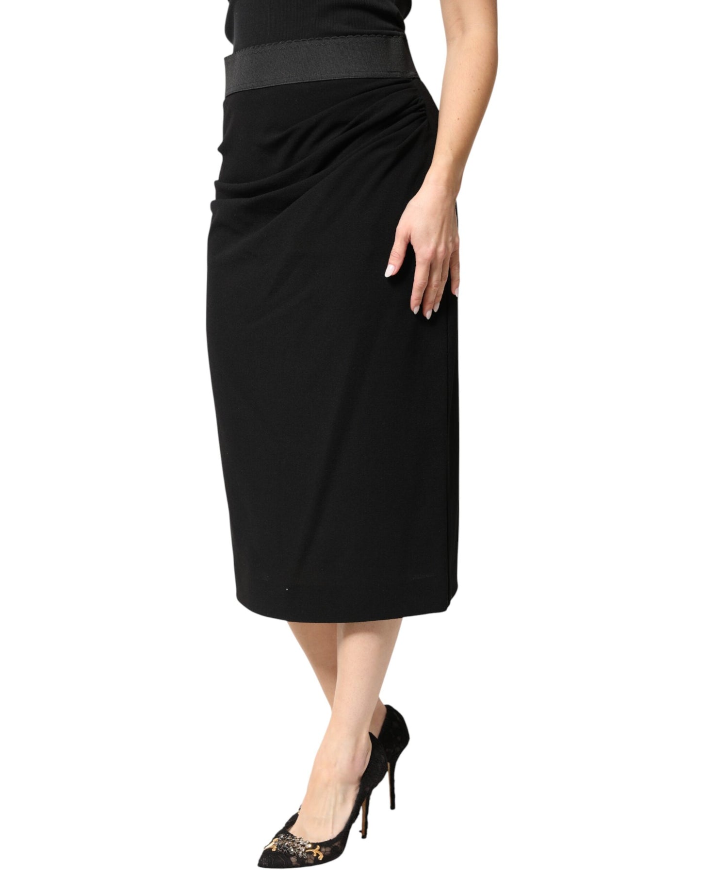 Dolce & Gabbana Black Wool High Waist Pencil Cut Midi Skirt Dolce & Gabbana