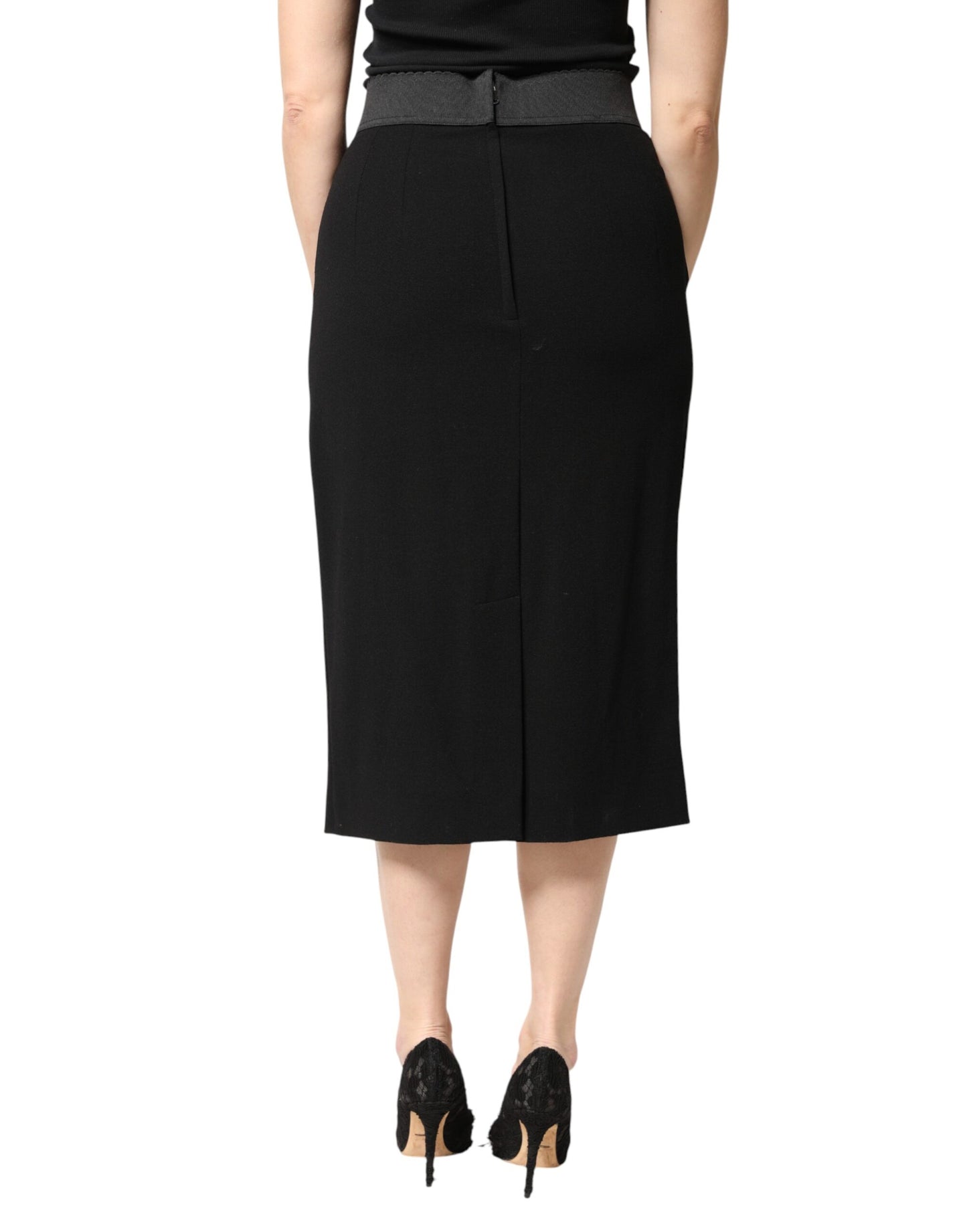 Dolce & Gabbana Black Wool High Waist Pencil Cut Midi Skirt Dolce & Gabbana