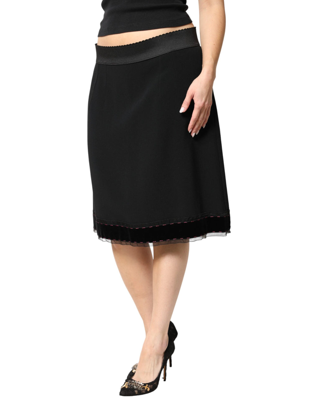 Dolce & Gabbana Black Mid Waist A-line Knee Length Skirt - Eljoys Fashion 
