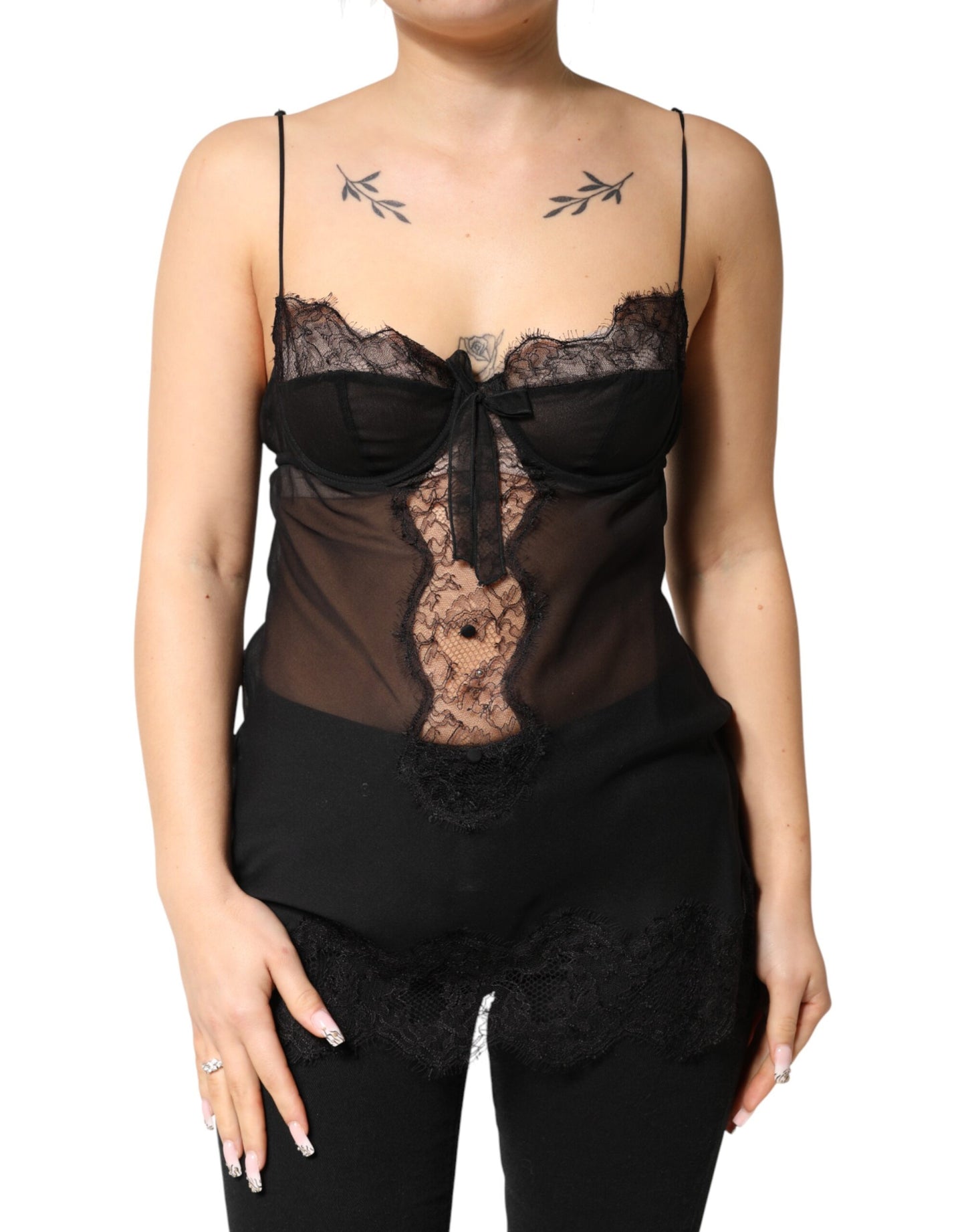 Dolce & Gabbana Black Silk Floral Lace Chemise Lingerie Top Dolce & Gabbana