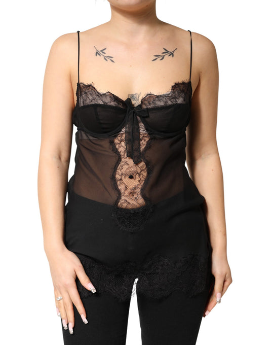 Dolce & Gabbana Black Silk Floral Lace Chemise Lingerie Top Dolce & Gabbana