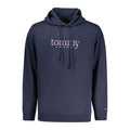Tommy Hilfiger blue cotton men's hoodie with front pocket, drawstrings, and logo patch on chest.
