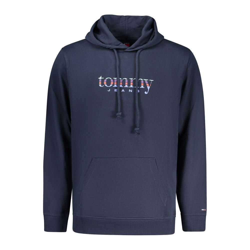 Tommy Hilfiger blue cotton men's hoodie with front pocket, drawstrings, and logo patch on chest.