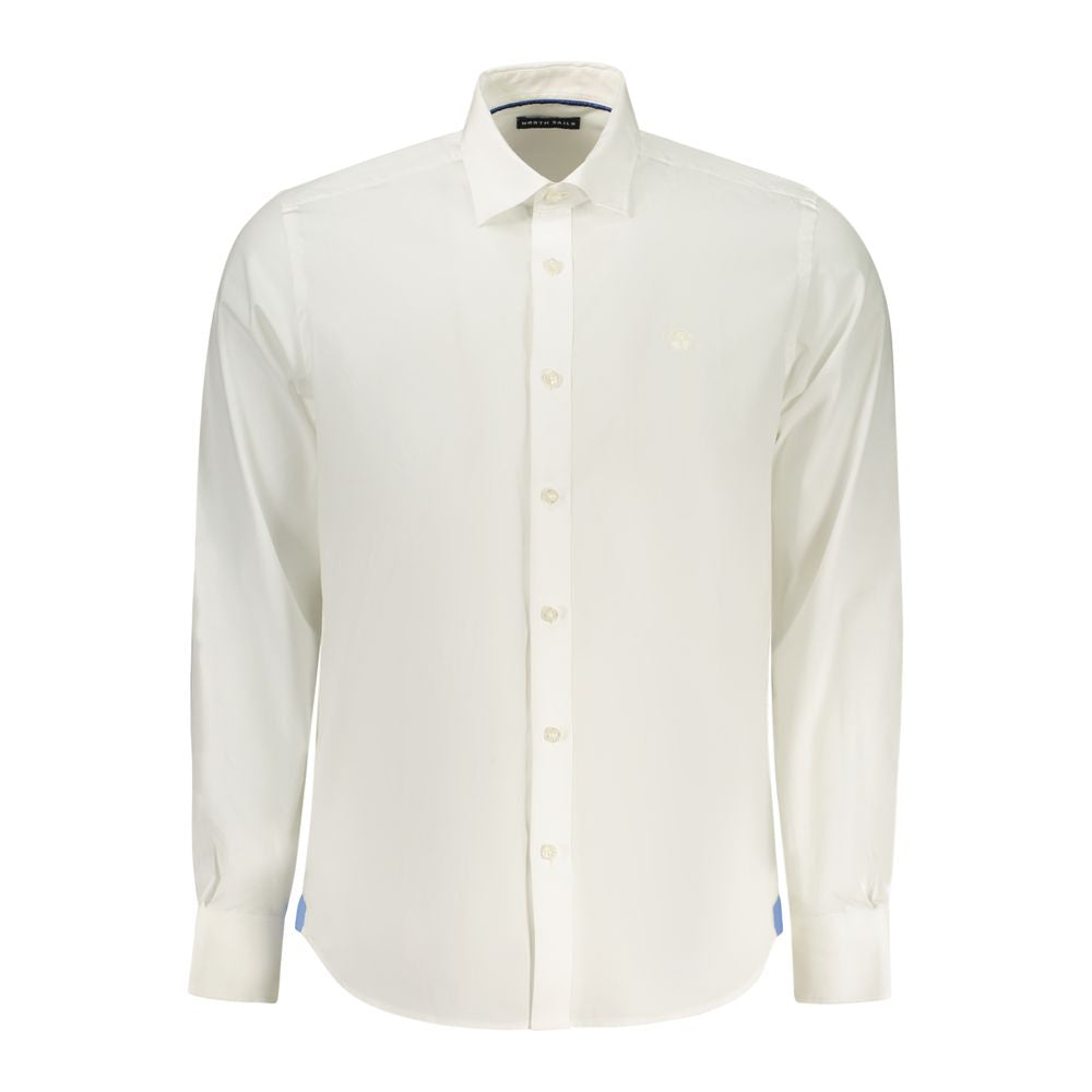 North Sails white cotton men's shirt displayed flat, showing classic collar, button-down front, and long sleeves.