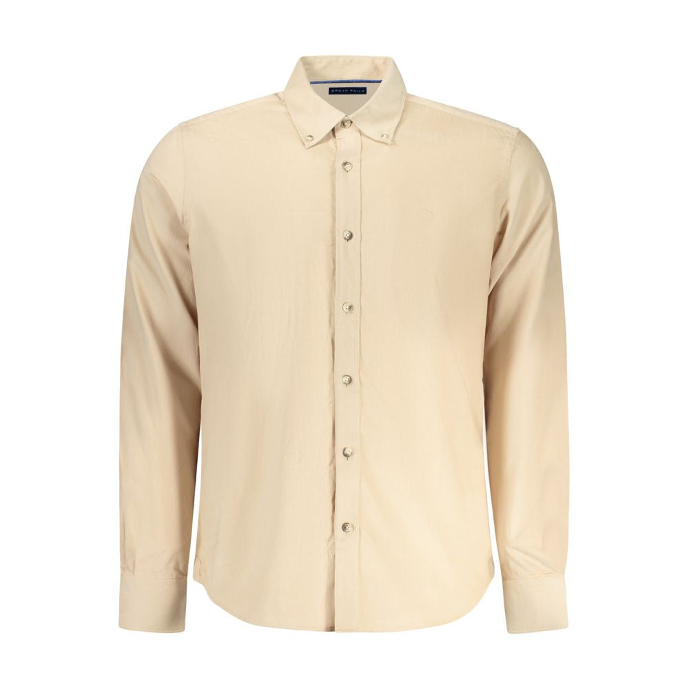 Beige cotton men's shirt by North Sails, featuring a classic collar and button-down front, shown on a hanger.