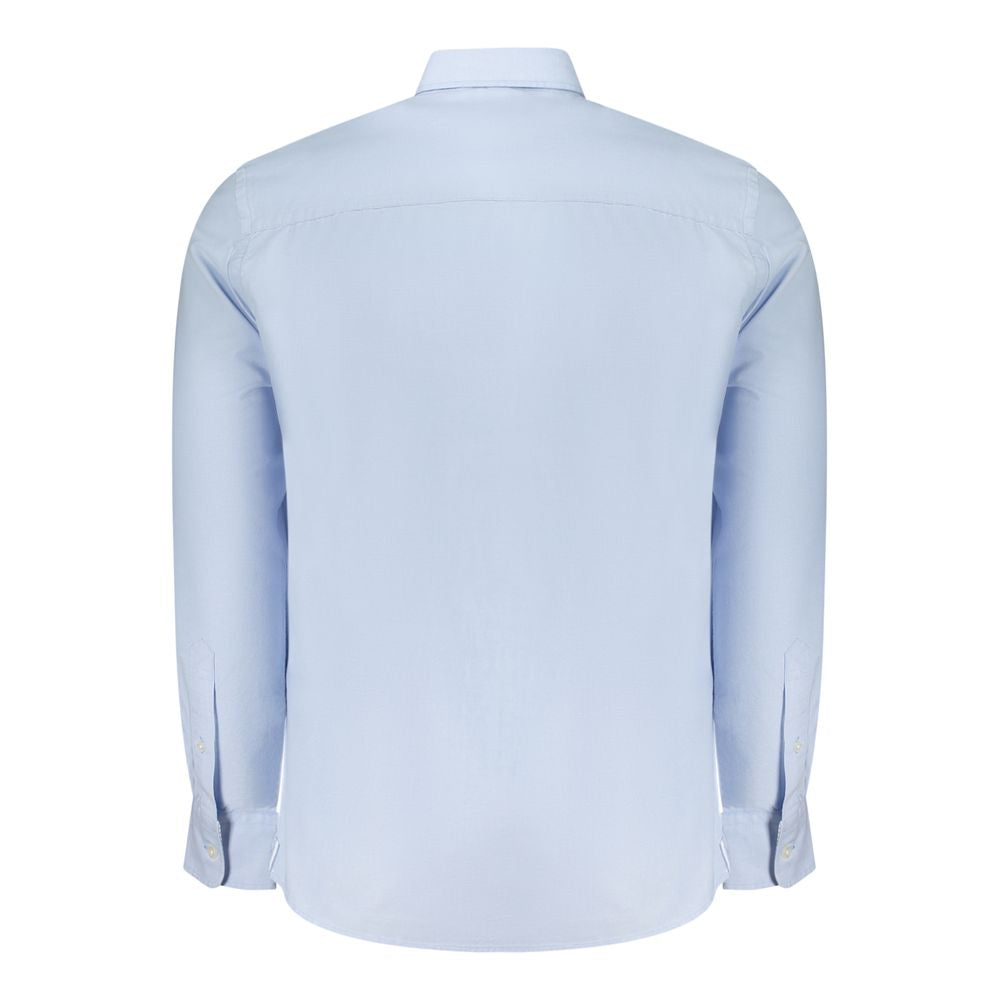 North Sails Azzurro cotton men's shirt displayed on a hanger, showcasing its light blue color and classic collar design.