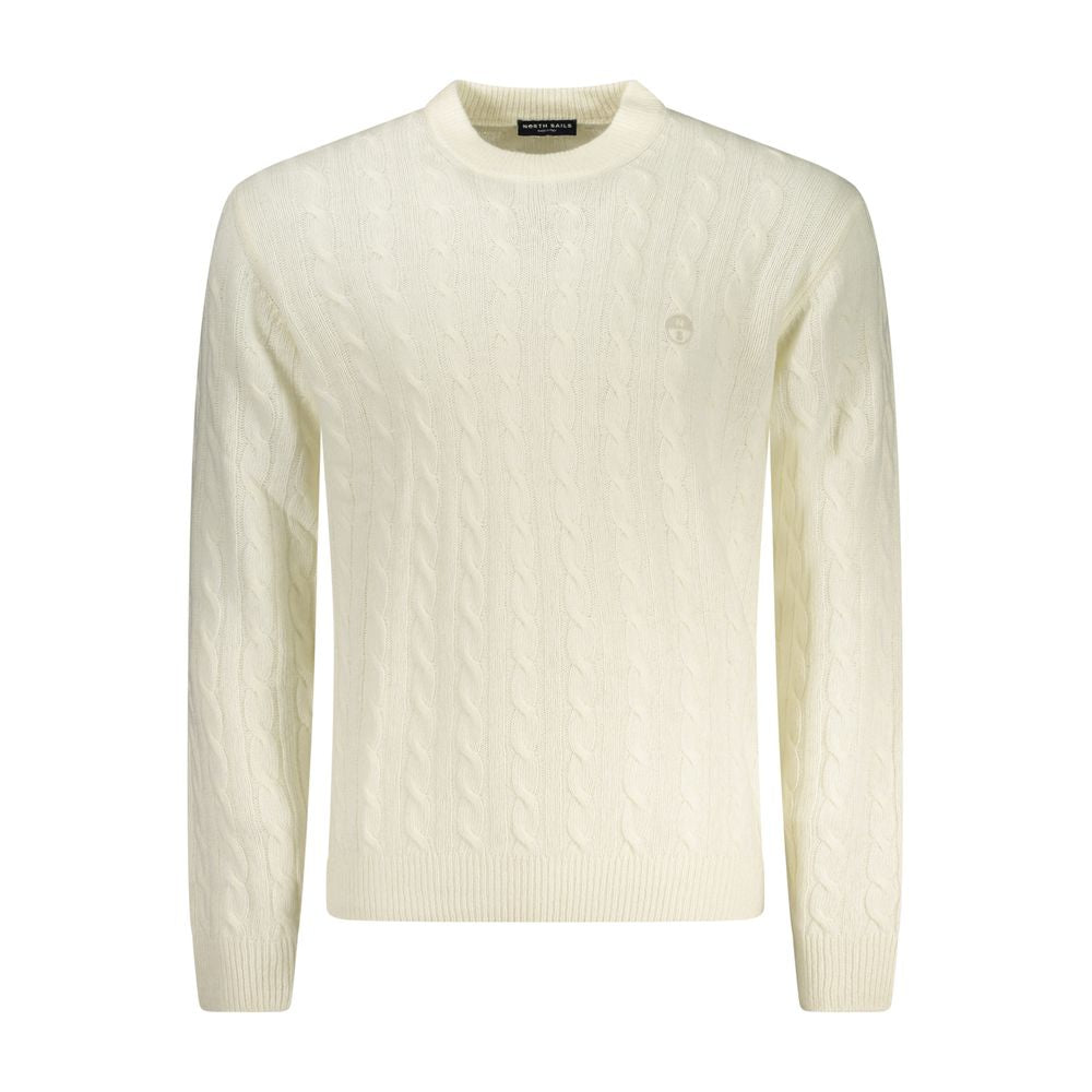 North Sails Bianco Poliammide men's sweater hanging on a wooden hanger, showcasing a classic knit design and ribbed cuffs.