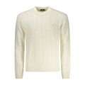 North Sails Bianco Poliammide men's sweater hanging on a wooden hanger, showcasing a classic knit design and ribbed cuffs.