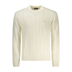 North Sails Bianco Poliammide men's sweater hanging on a wooden hanger, showcasing a classic knit design and ribbed cuffs.