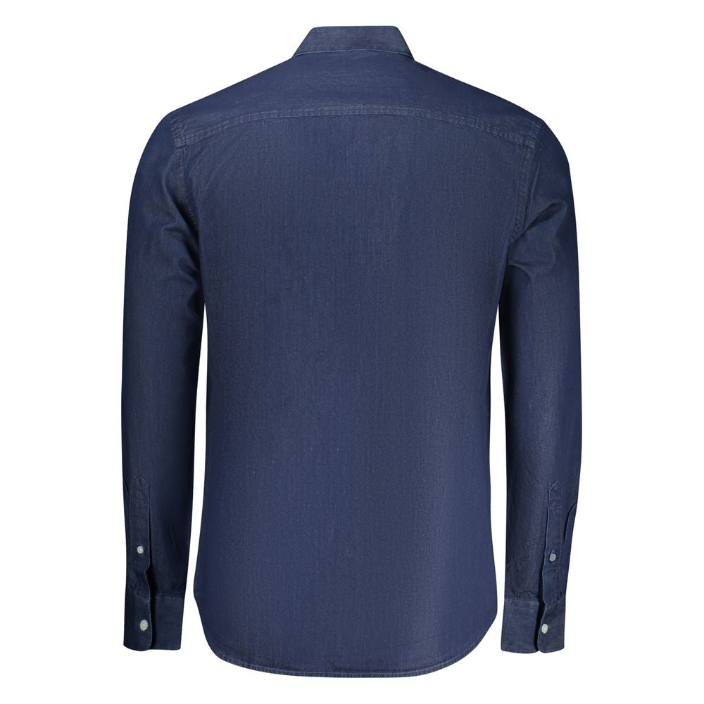 North Sails blue cotton men's shirt displayed flat with collar and button-down front, showcasing casual, comfortable men's clothing.