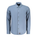 North Sails blue cotton men's shirt displayed on a hanger, showcasing the classic collar and button-down front.