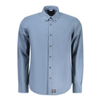 North Sails blue cotton men's shirt displayed on a hanger, showcasing the classic collar and button-down front.