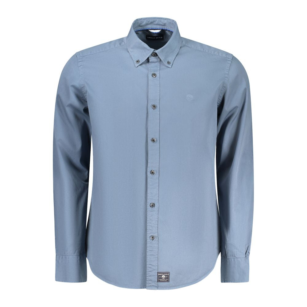 North Sails blue cotton men's shirt displayed on a hanger, showcasing the classic collar and button-down front.