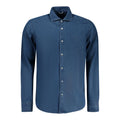Men's North Sails blue cotton shirt with a classic collar and button-down front, displayed on a hanger.
