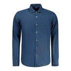 Men's North Sails blue cotton shirt with a classic collar and button-down front, displayed on a hanger.
