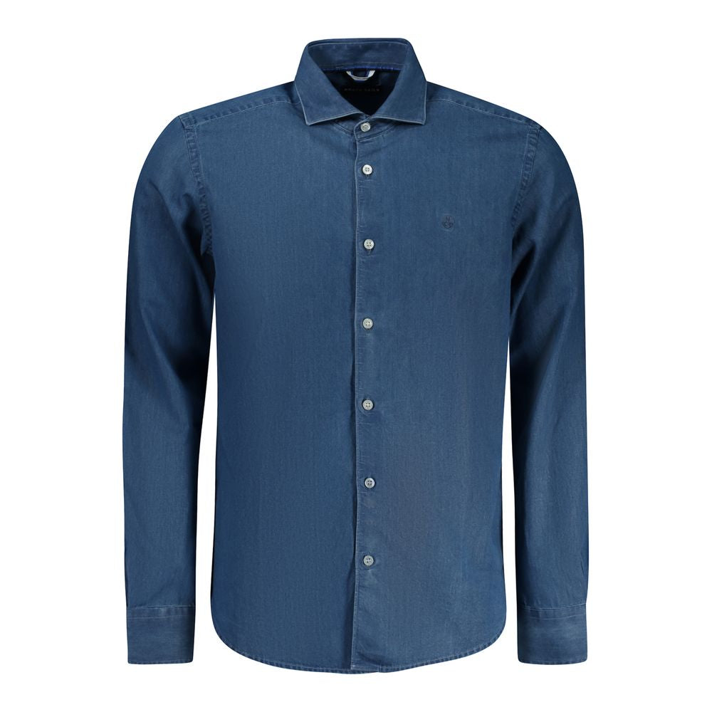 Men's North Sails blue cotton shirt with a classic collar and button-down front, displayed on a hanger.