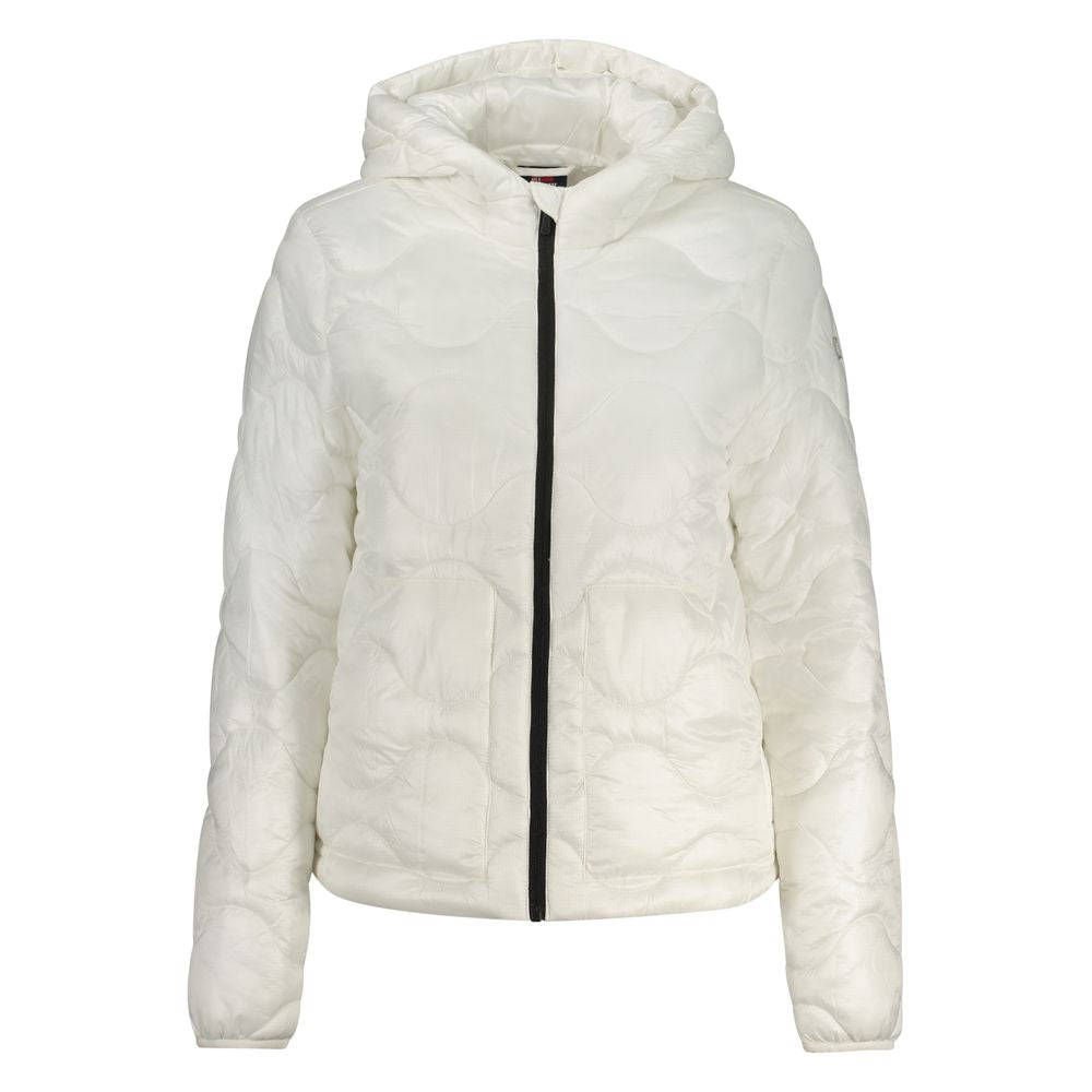 Norway 1963 Bianco Poliammide women's jacket in white with a collar and zip closure, shown on a hanger.