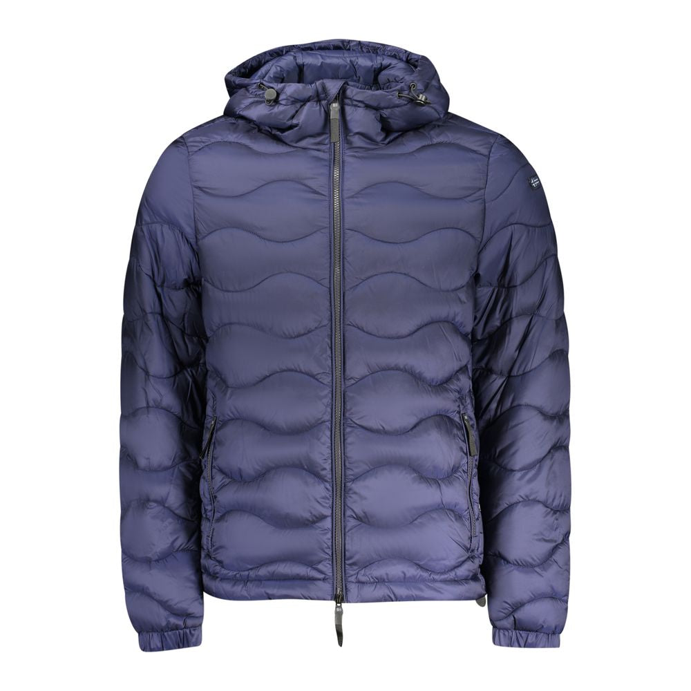 Norway 1963 blue polyamide men's jacket displayed on a hanger with front view and zipper closure.