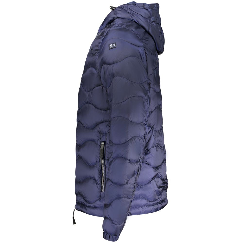 Norway 1963 blue polyamide men's jacket displayed on a hanger, featuring a classic outdoor style with a front zipper and collar.